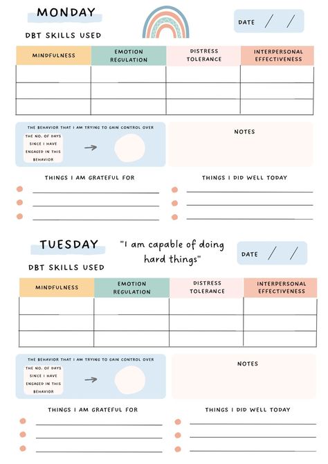 DBT skills journal. Skills tracker. Download now. Dbt Skills Worksheets Mindfulness, Dbt Affirmation, Dbt Skills Activities, Dbt Diary Card, Cbt Model, Dbt Skills Worksheets, Cbt Therapy Worksheets, Psychology Tools, Aesthetic Planners