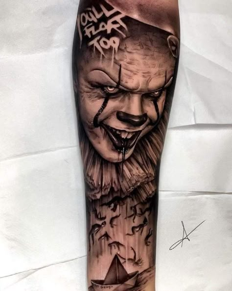 Tattoos Scary, Horror Leg Sleeve, Pennywise Tattoo, Horror Sleeve, Horror Movie Tattoos, Horror Tattoos, Clown Tattoo, Movie Tattoos, Scary Tattoos