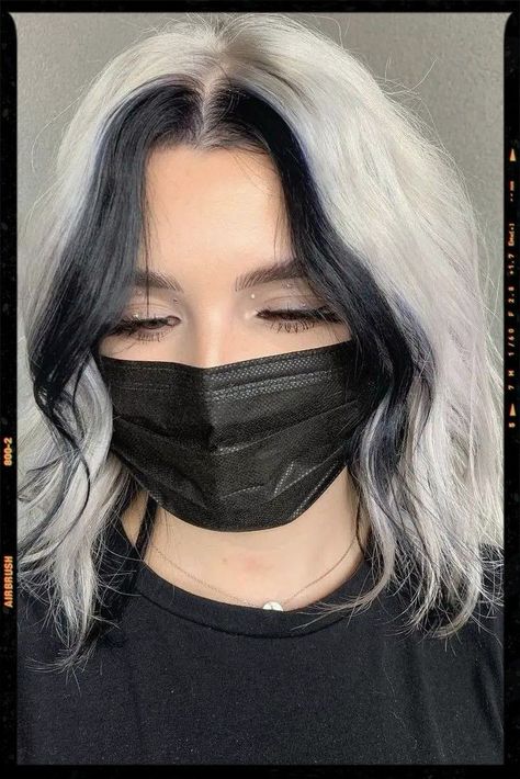 White With Black Streaks Hair, Half Ash Blonde Half Black Hair, Black And White Hair Medium Length, White Hair Black Streak, Black And White Bob Hair, Black And White Hair Color Ideas, White Hair With Black Streak, Grey Color Block Hair, White Hair Black Highlights