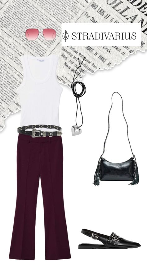 Stradivarius outfit from new drops burgundy pants tank top black shoes Stradivarius Outfit, Burgundy Pants, Black Tank Tops, Black Shoes, Tank Top, Tank Tops, Pants, Black, Trousers