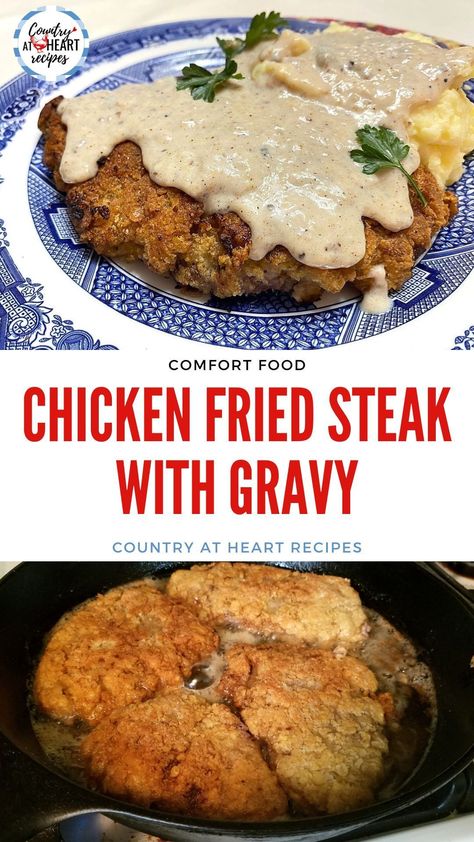 You can’t get more down-home cooking than Chicken Fried Steak with Gravy. Round steak fried crispy in a buttermilk-cracker coating, served over a mound of mashed potatoes. Perfect for hearty, meat-and-potato food lovers. Comfort food deluxe! #chickenfriedsteakwithgravy #roundsteak #maindishes #beef #saltinecrackers #buttermilk #comfortfood #homemadegravy #countryatheartrecipes https://countryatheartrecipes.com/2014/08/chicken-fried-steak-with-gravy/ Steak With Gravy, Steak And Mashed Potatoes, Good Steak Recipes, Chicken Fried Steak Recipe, Beef Tip Recipes, Round Steak Recipes, Fried Steak Recipes, Paleo Pork, Comfort Food Chicken