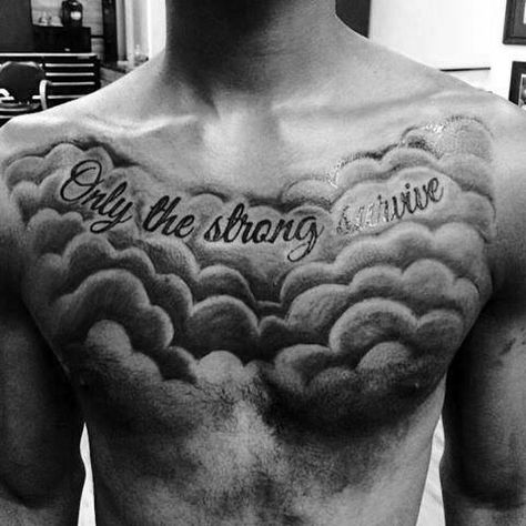 185 Trendy Chest Tattoos for Men - Tattoo Me Now Chest Tattoo Clouds, Chest Piece Tattoo, Cloud Tattoo Design, Black Men Tattoos, Sky Tattoos, Army Tattoos, Male Chest, Cloud Tattoo, Cool Chest Tattoos