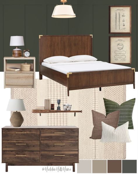 Green and brown boys bedroom decor mood board Green Bedroom Men, Hunter Green Boys Room, Brown Wood Bedroom Ideas, Teen Boy Bedroom Green, Boys Green Bedroom, Boys Green Bedroom Ideas, Walnut Bedroom Ideas, Green Brown Bedroom, Brown And Green Bedroom