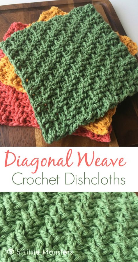 5 Little Monsters: Diagonal Weave Crochet Dishcloths Crochet Kitchen Set Free Pattern, Free Dishcloth Patterns, Free Crochet Patterns For Kitchen, Crochet In The Round Patterns, Crochet Dish Cloth Free Pattern, Crochet Washcloths, Crochet Washcloth Pattern, Dishcloth Crochet Pattern, Washcloth Pattern