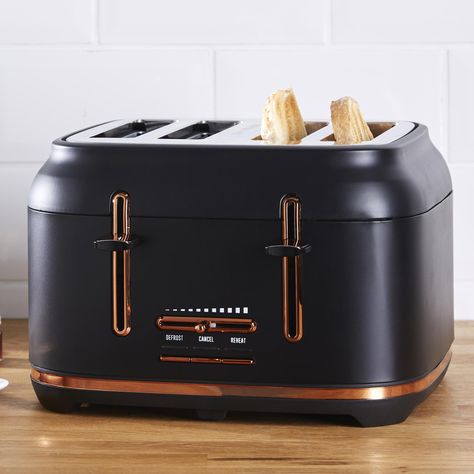 Dunelm 4 Slice Matt Black & Copper Toaster Copper Toaster, Black And Copper Kitchen, Black Toaster, Copper Kitchen Accessories, Rose Gold Kitchen, Navy And Copper, Kettle And Toaster Set, Copper Jug, Coffee Storage