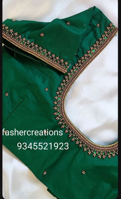 Blouse Neck Design Aari Work, Green Blouse Simple Work Designs, Very Simple Maggam Works, Simple Hand Works On Blouses, Magam Work Blouses Simple, Simple Aari Blouse Designs For Saree, Embroidery On Green Blouse, Wedding Saree Blouse Designs Simple, Maggam Blouse Designs Simple