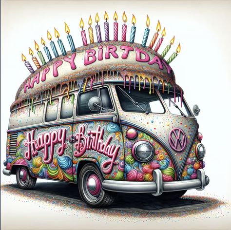 Happy Birthday Hippie, Retro Camper Van, Giant Birthday Cake, Happy Birthday Wishes For Sister, Happy Birthday Wishes For Her, Happy Birthday Wishes Pics, Happy Birthday Illustration, Birthday Wishes Pics, Happy Late Birthday