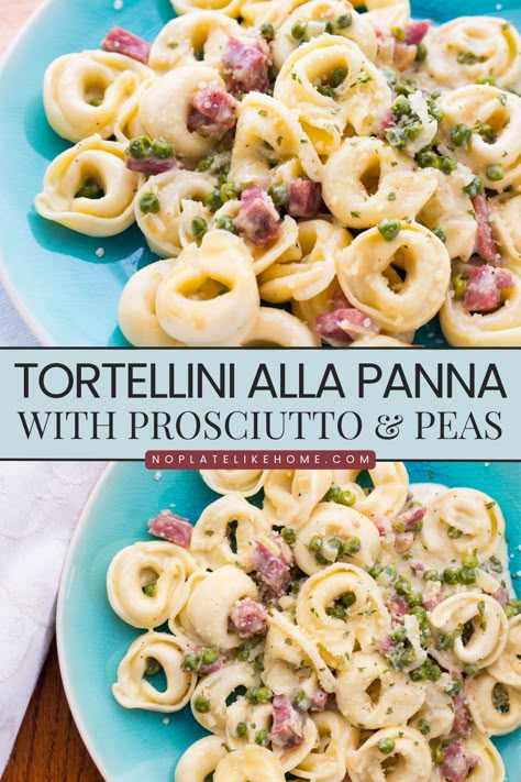 Classic Cheese tortellini with prosciutto and peas in a Parmesan cream sauce is a quick and delicious weeknight dinner and comfort food Italian dinner. It's ready in just 20 minutes with a few basic ingredients. Click on the link to get this delicious recipe! Tortellini With Pancetta And Peas, One-pot Tortellini With Prosciutto And Peas, Tortellini With Peas And Prosciutto, Ham And Pea Tortellini, Tortellini And Peas Recipe, Tortellini Ham And Peas, Prosciutto Tortellini Recipes, Italian Peas, Tortolini Recipe