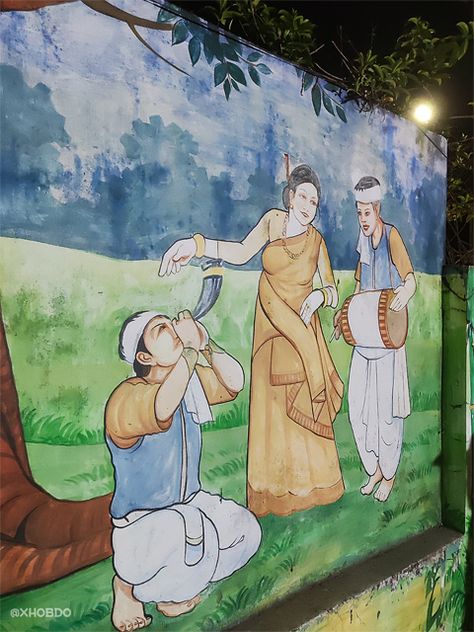 Bihu Dance street art, Guwahati, Assam Bihu Assam Painting, Bihu Dance Drawing, Bihu Dance, Dance Drawing, Dance Street, Pastel Colors Art, Drawing Scenery, Dancing Drawings, Colors Art