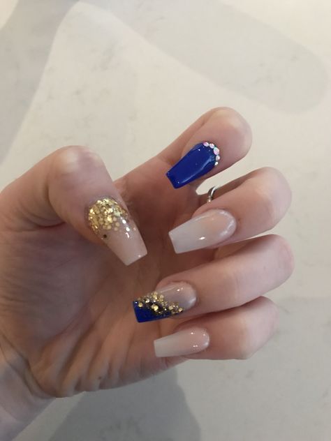 Royal Blue White And Gold Nails, Royal Blue And Gold Nail Designs, Gold And Royal Blue Nails, Blue And Gold Nail Ideas, Royal Blue And Gold Nails For Quince, Royal Blue Nails With Gold, Royal Blue And Gold Acrylic Nails, Gold And Blue Nails, Blue And Gold Nail Designs