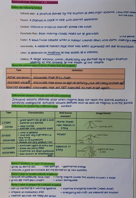 Volcano Notes Aesthetic, Volcano Notes, Aesthetic Study Notes, Volcano Worksheet, Geography Notes, Basic Geography, Moving Clouds, Physical Geography, Aesthetic Notes