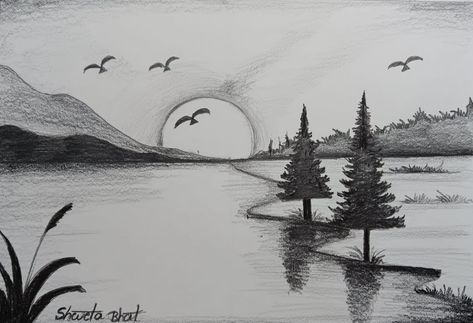 Simple Drawing Nature, Nature Easy Sketch, Things To Draw Scenery, Scenery Sketch Landscapes, Nature Sketches Pencil Beautiful, Nature Sketches Pencil Simple, Easy Landscape Ideas Drawing, Landscape Pencil Drawings Easy, Pencil Drawings Landscape