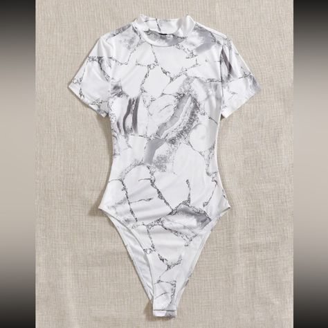 Shein - Ezwear Marble Print High Cut Bodysuit - Brand New High Cut Bodysuit, Girls Party Wear, Teen Girl Dresses, Girls Outerwear, Marble Print, Print Bodysuit, Womens Bodysuit, High Cut, Dresses With Leggings