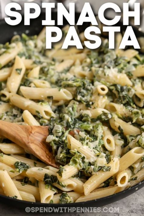 This easy Spinach Pasta recipe is ready in no time for a quick and easy meal. Healthy spinach in a cream cheese sauce with parmesan makes for a tasty dinner that's easy enough to cook any day of the week! For a meatless main dish, serve as is, or stretch this dish even further by adding chicken or shrimp to the mix. Everyone loves this tasty entree or side dish, and it's so easy to cook. #spendwithpennies #spinachpasta #maindish #recipe Frozen Spinach Recipes, Homemade Spinach Pasta, Creamy Spinach Pasta, Spinach Pasta Recipes, Cream Cheese Pasta, Penne Pasta Recipes, Cheese Pasta Recipes, Pasta Sides, Tasty Dinner