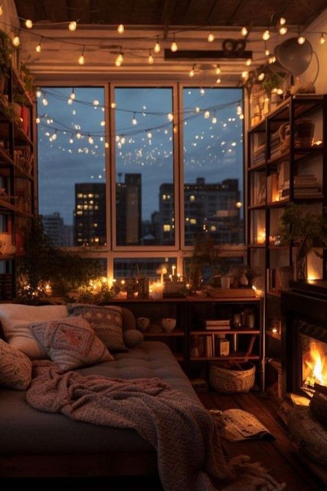 Cosy Loft Apartment, Cozy Loft Space, Snug Aesthetic, Cottage Living Rooms Cozy, Fairy Lights Living Room, Small Cozy Room, Warm Room Aesthetic, Comfy House, Cozy Lighting