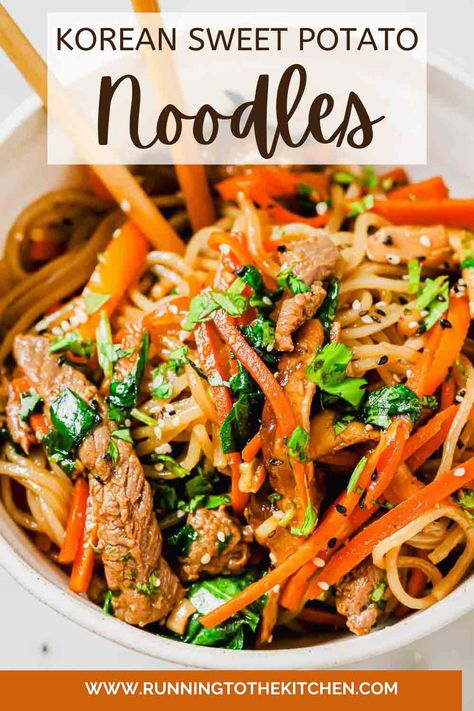 Make Korean sweet potato glass noodles in 15 mins! Naturally gluten-free noodles combine with colorful veggies and beef in a sweet-savory sauce for a quick, flavorful meal. Sweet Potato Glass Noodles Recipe, Sweet Potato Glass Noodles, Potato Glass Noodles, Sweet Potato Noodles Recipe, Japchae Noodles, Korean Sweet Potato Noodles, Glass Noodles Recipe, Korean Sweet Potato, Potato Noodles