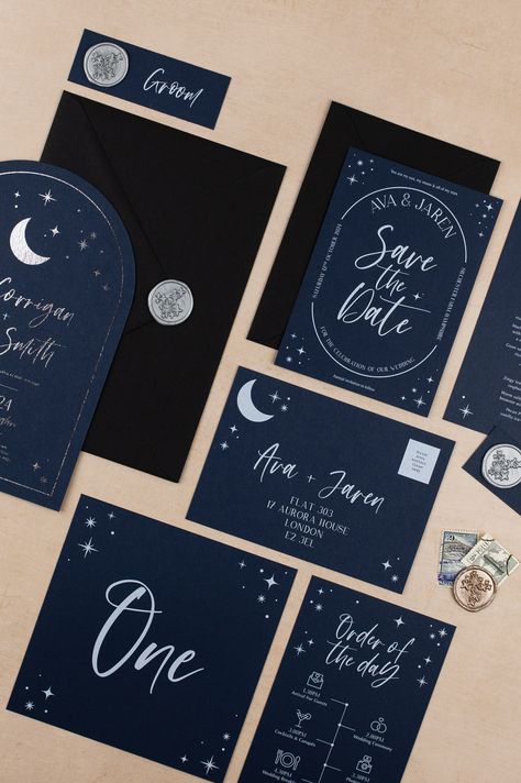 Illuminate your love with our modern celestial wedding invitations. The Navy Blue Celestial Luna Collection combines elegance with a touch of the cosmos. These invites are designed to mesmerise guests with a motif of moons and stars on a breathtaking navy blue backdrop, encapsulating the enchantment of your special day. Experience the magic and find out more about the Luna wedding stationery collection. Wedding Invitation Navy Blue, Celestial Wedding Invitations, Starry Night Wedding, Navy Blue Wedding Invitations, Navy Wedding Invitations, Celestial Wedding, Wedding Invitation Samples, Foil Wedding Invitations, Carton Invitation