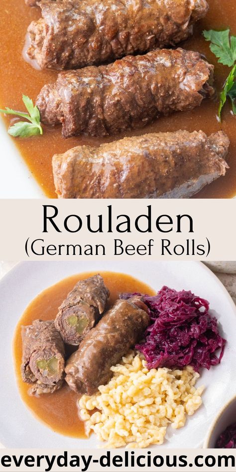 German Cabbage Rolls, Rolled Beef, German Sauerbraten Recipe, Bacon Pickles, Rouladen Recipe, Pickles Onions, Beef Rouladen, Beef Rolls, Wine Gravy