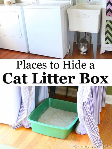 The best place to hide a cat litter box is in a laundry room. The easiest DIY to hide it is to make a skirt the opens in the center like a pair of drapes so the cat can easily get under the sink. Making a skirt like this can be sewn or if you don't sew, this post will shoe you how to make a no sew version of the skirt that wraps around a laundry sink. Under Sink Litter Box Ideas, Litter Box Under Sink, Laundry Room Cat Litter Box Ideas, Pantry Closet Makeover, Litter Box Ideas Hidden, Cat Litter Box Ideas Hidden, Diy Table Skirts, Cat Litter Box Diy, Small Pantry Closet