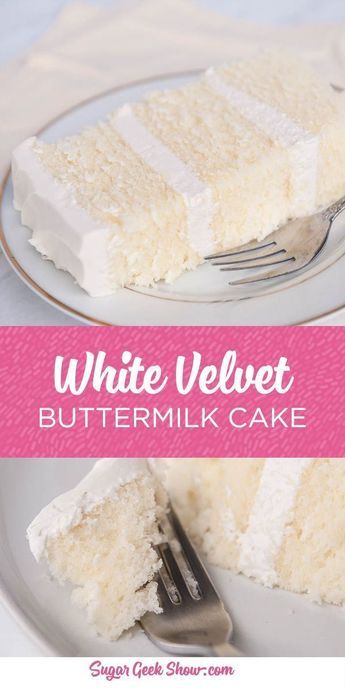 This white velvet buttermilk cake recipe is my FAVORITE cake recipe out of all of them. Yes even better than my famous vanilla cake recipe! The texture of this cake is simply out of this world. Tender, fluffy and the most amazing flavor from the buttermilk. I pair this moist cake with my ermine frosting and get rave reviews! #whitecake #vanillacake #buttermilkcake #cake #cakedecorating #sugargeekshow White Velvet Buttermilk Cake, Best White Cake Recipe, White Velvet Cake, Bakewell Cake, White Velvet Cakes, Moist White Cake, Sugar Geek, Buttermilk Cake, Velvet Cake Recipes