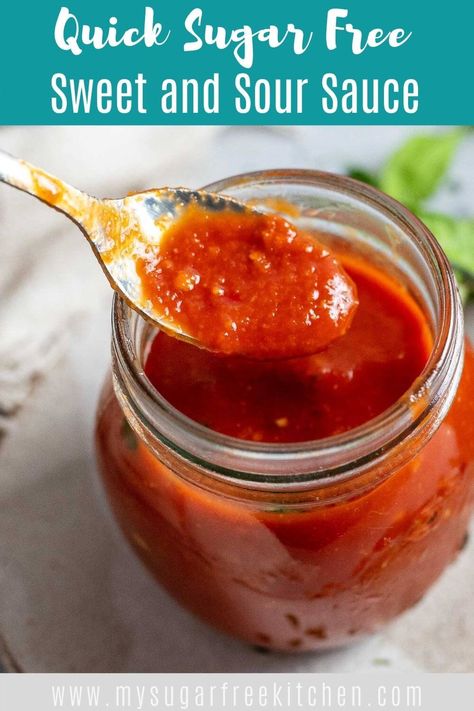 This clean eating diabetic friendly Sugar Free Sweet and Sour Sauce recipe is a healthy and versatile alternative to store bought or take out sauces. It has a punchy tang from the pineapple, is thick and glossy and a rich vibrant shade of red all put together in around 10 minutes. #cleaneatingsauce #cleaneating #sweetandsoursauce #sugarfreesauce #sweetandsour #recipe Easy Sweet And Sour Sauce Recipe, Recipe Sweet And Sour Sauce, Sweet And Sour Sauce Recipe, Sweet Sauce Recipes, Sweet N Sour Sauce Recipe, Sesame Rice, Sweet And Sour Recipes, Best Sauce Recipe, Sweet Sour Sauce