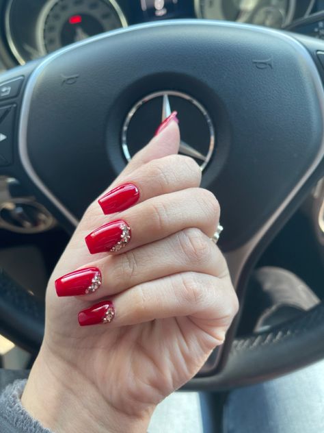 Bright Red Nails With Rhinestones, Red Gel Nails With Rhinestones, Fancy Red Nails Sparkle, Red Prom Nails With Rhinestones, Red Rhinestone Christmas Nails, Red Christmas Nails With Rhinestones, Red Nails With Red Rhinestones, Short Red Nails With Rhinestones, Red Nails With Diamonds Rhinestones