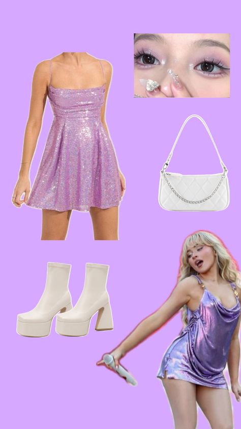 purple sparkly mini dress, white platform hoots, lavender douyin makeup look, white baguette bag with silver chain White Baguette Bag, Douyin Makeup Look, Sabrina Carpenter Outfits, Douyin Makeup, Sparkly Mini Dress, Mini Dress White, White Platform, Baguette Bag, Stage Outfits