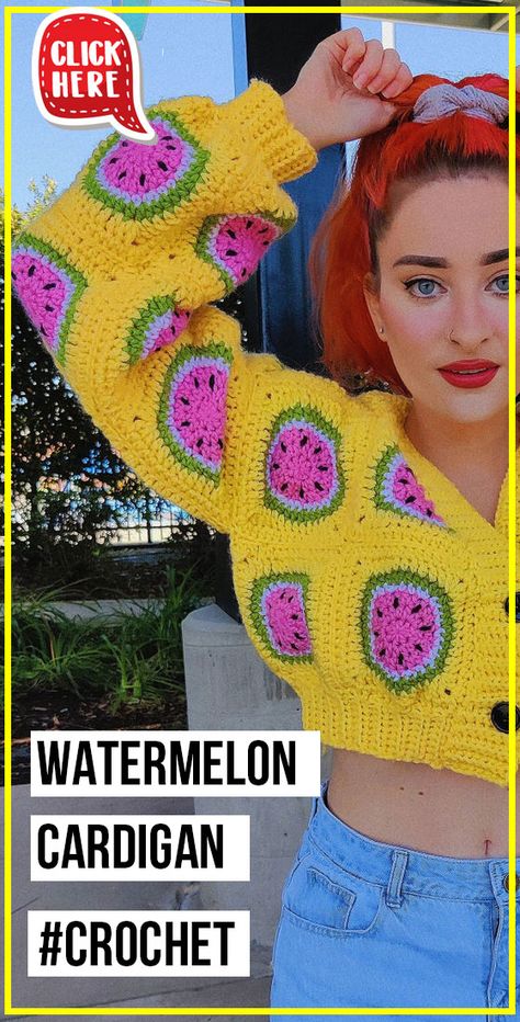 Watermelon Granny Square Crochet, Watermelon Granny Square, Watermelon Cardigan, Cute Crochet Cardigan, Beginner Crochet Cardigan, Crochet Cardigan Ideas, Watermelon Crochet, Crochet Watermelon, Crochet Leaf Patterns