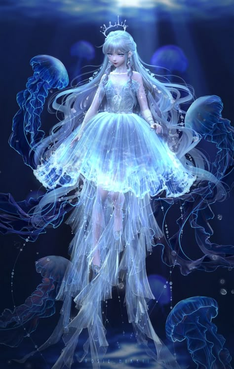 Water Fantasy Outfit, Jelly Fish Outfits, Jellyfish Dress Fashion, Jellyfish Inspired Outfit, Jellyfish Inspired Fashion, Jellyfish Outfit, Jellyfish Dress, Magical Girl Outfit, Sea Creatures Art