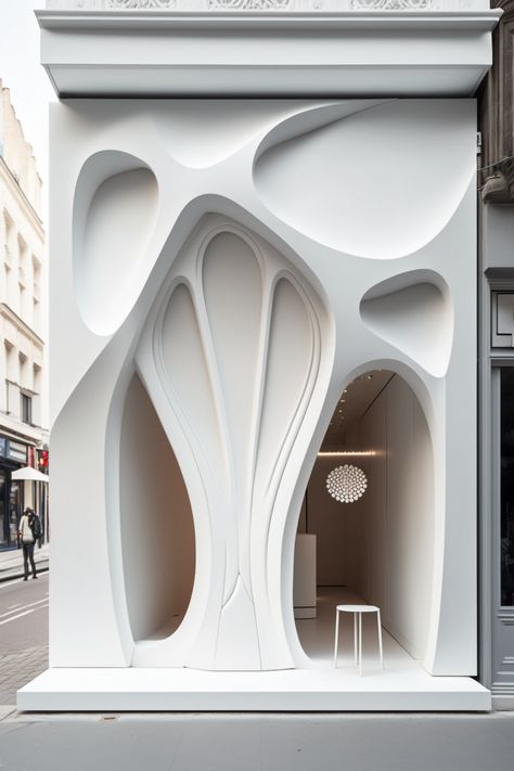 Modern White Architecture, Organic Building Facade, Curvy Facade Architecture, Curved Building Architecture, Modern Arches Facade, Storefront Facade, Architecture Arches Facade, Curved Building Facade Design, Butterfly Concept