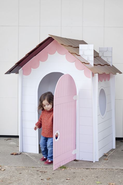 Make a collapsible playhouse out of cardboard, foamboard, or masonite Cardboard Houses For Kids, Cardboard Forts, Cardboard Box Houses, Kids Indoor Playhouse, Toddler Playhouse, Cardboard Play, Sharpie Paint Pens, Indoor Playhouse, Diy Playhouse