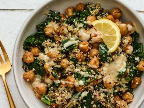 Wilted Kale, Chickpea, and Quinoa Bowl With Tahini Recipe | SELF Health Benefits Of Quinoa, Chickpea And Quinoa, Wilted Kale, Kale Chickpea, Quinoa Health Benefits, Quinoa Benefits, Quinoa Recipes Healthy, Tahini Recipe, Protein Lunch