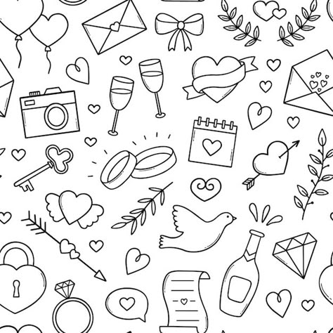 Vector seamless pattern of wedding doodl... | Premium Vector #Freepik #vector #wedding-party #wedding-couple #bride-groom #wedding-illustration Wedding Pattern Illustration, Marriage Doodle Art, Wedding Sketches Illustration, Wedding Doodle Art, Wedding Drawings Easy, Wedding Doodles Simple, Wedding Drawing Easy, Marriage Doodle, Romance Doodles