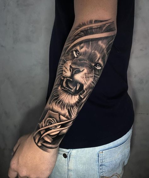 Arms Tatoos Men, Men Tatoos Arms, Outside Arm Tattoo For Men, Full Forearm Tattoo Men, Arms Tattoo Men, Lion Tattoo Forearm, Inside Forearm Tattoo Men Sleeve, Leones Tattoo, Men Arm Tattoos