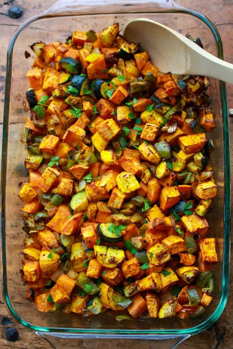 Sweet Potato Zucchini Casserole, Roasted Sweet Potato And Zucchini, Sweet Potato And Veggie Recipes, Sweet Potato With Veggies, Alkaline Potatoes, Dash Diet Sweet Potato Recipes, Zucchini Squash Sweet Potato Recipes, Sweet Potatoes And Squash Recipes, Baked Zucchini And Sweet Potato