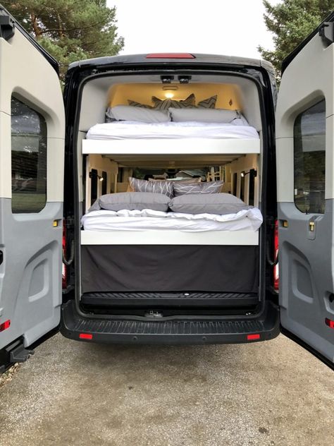 Family-friendly Van Conversion with Bunk Beds (For Sale) Van Conversion With Bunk Beds, Van With Bed, Camper Van Kitchen, Sprinter Conversion, Transit Camper, Sprinter Van Conversion, Van Conversion Interior, Sprinter Camper, Campervan Life