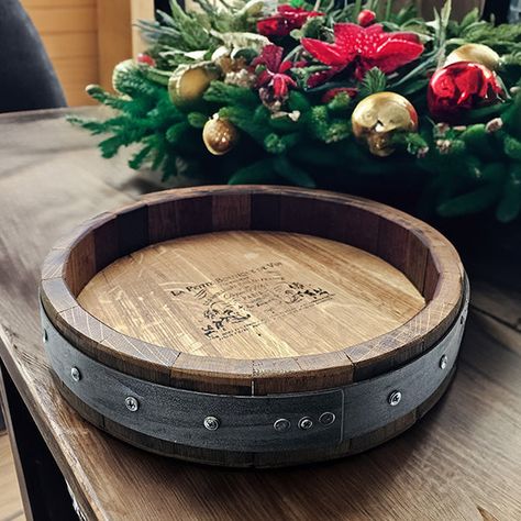 Elevate your holiday table with the Barrel Staves and Rung Lazy Susan, a beautifully rustic centerpiece perfect for serving and sharing. This unique, handcrafted piece is an ideal gift for anyone who loves functional decor with a touch of vintage charm. Wine Barrel Stave Projects, Lazy Susan Decor, Barrel Stave Ideas, Wine Barrel Table, Whiskey Barrel Furniture, Rustic Centerpiece, Barrel Table, Barrel Furniture, Barrel Stave