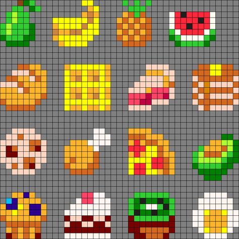 Cute Food Perler Bead Patterns, Food Perler Bead Patterns, Perler Bead Food, Food Perler Beads, Pixel Art Fruit, Pixel Art Animals, Pixel Art Food, Hama Mini, Kandi Cuffs