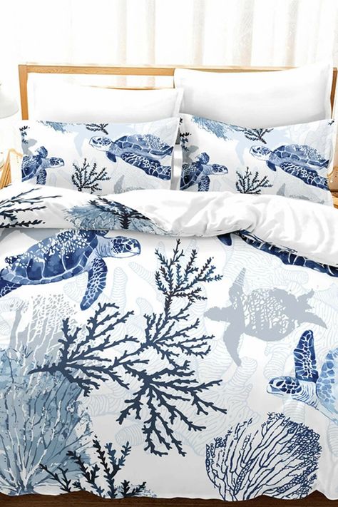 Beach Theme Quilt, Ocean Bedding, Blue Sea Turtle, Bedding White, Beach Quilt, Coastal Bedding, Full Bedding Sets, Blue Duvet Cover, Twin Bed Sets