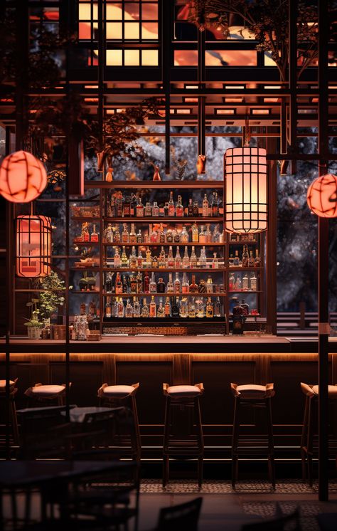 Japanese Bar Design, Asian Restaurant Interior Design, Restaurant Interior Design Modern, Asian Restaurant Design, Chinese Restaurant Interior, Asian Bar, Chinese Bar, Japanese Bar, Bar Counter Design