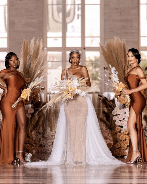 White And Brown Wedding Dress, Gold Bride Dress Wedding Ideas, Tan Wedding Dress Black Women, Neutral Colors Wedding Theme, Brown And White Wedding Dress, Bronze And Beige Wedding, Different Shades Of Brown Wedding Theme, Wedding Bridesmaid Dresses Black Women, Champagne And Chocolate Wedding Colors