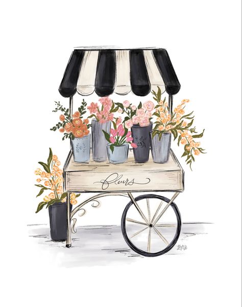 French Flower Cart, Flower Stand Drawing, Flower Shop Inspiration, Flower Shop Drawing, Flower Shop Painting, Flower Shop Illustration, French Flower Market, Flower Carts, Paint A Mural