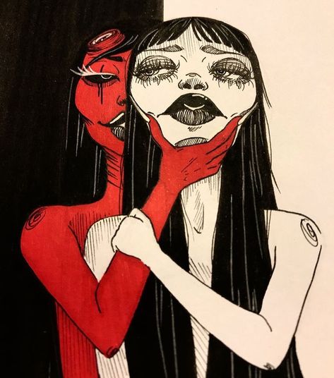 backstabber two faces art two faced red black white Psychotic Art Style, Inner Turmoil Art, Folie A Deux Aesthetic, 2000s Drawings Aesthetic, Art That Makes You Think, Lesbian Asthetic Paintings, Grunge Art Paintings, Woman Looking Up Drawing, Stefanie Core