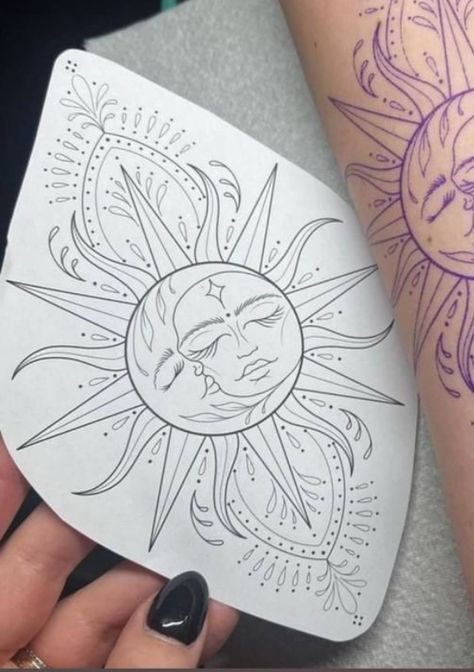 Sun And Mandala Tattoo, Sun And Moon Tattoo Back, Sun And Moon Sleeve Tattoo, Sun Moon Drawing, Chest Tattoo Ideas, Earthy Tattoos, Flower Tattoo Ideas, Armband Tattoos, Moon Tattoos