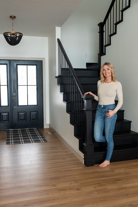 Moody Basement Stairs, Update Staircase Banisters, Hallway Panelling Black Stairs, Staircase Painted Black, Engineered Wood Stairs, Painted Wood Staircase, Pine Staircase Makeover, Painted Stairways Ideas, Two Tone Stairs