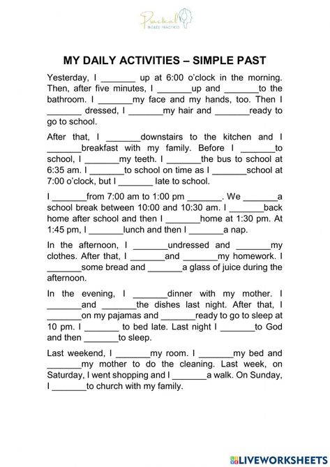 Simple past - daily activities online worksheet for BASIC. You can do the exercises online or download the worksheet as pdf. Daily Activities Worksheet, Past Simple Exercises, Past Simple Worksheets, School To Do List Printable, Listening Skills Worksheets, Simple Past Verbs, School To Do List, Listening Worksheet, English Grammar Test