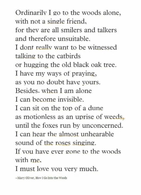 Quotes | Poem | Mary Oliver | How I Go Into the Woods How I Go Into The Woods Mary Oliver, Heavy Mary Oliver, Mary Oliver Poems Nature, The Journey Mary Oliver, Poem Mary Oliver, Mary Oliver Quotes, Mary Oliver Poems, Poetry Painting, Nature Poetry