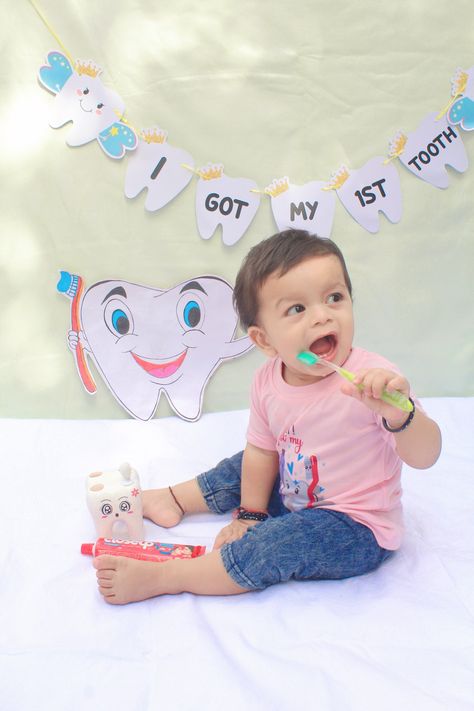 I got my first tooth Got My First Tooth Ideas, First Teeth Party Ideas Girl, Teeth Photoshoot For Baby, First Teeth Baby Photography, First Teeth Photoshoot, My First Tooth Photoshoot, I Got My First Tooth Photoshoot, First Tooth Decoration, 1st Tooth Photoshoot