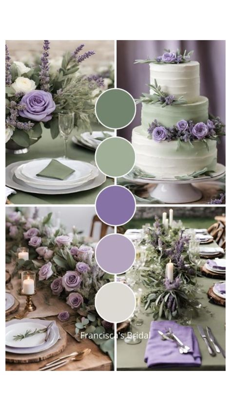 Sage Green And Violet Wedding, Eucalyptus Color Wedding Theme, Wedding Color Schemes Green And Purple, Sage Purple Wedding, Lavender And Light Green Wedding, Purple And Green Quinceanera Theme, Sage Green And Purple Wedding Theme, Lavender Sage Wedding Color Palettes, Sage Green And Lilac Wedding Cake