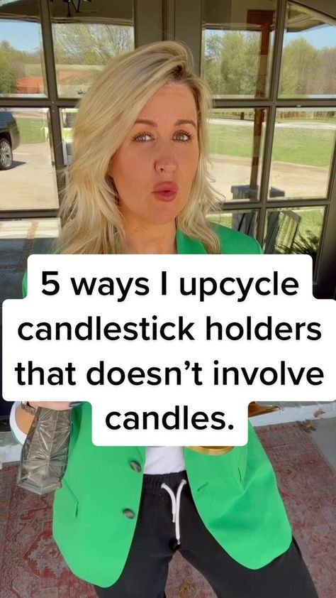 Bet you haven’t seen these home decor upcycles! 5 ways I upcycle candlestick holders that doesn’t involve candles. #upcycling #upcycle #rework #reuse #repurpose #diy #recycle #upcycled #tutorial #secondhand #style #springdiy #upcycleddecor #makersoftiktok #upcyclersoftiktok #sustainable #sustainablelifestyle #sustainablehacks #hacks #designhacks #homehacks #organize #organizationhacks #storagehacks #candlehacks #candles #diylamp #noplug What To Put On Candle Holders Cute Ideas, Chunky Candlesticks Decor, Crafts With Candle Holders, Large Candle Holders Decor Ideas, Repurpose Wall Candle Holders, Repurpose Votive Candle Holders, Upcycling Candle Holders, Recycled Candle Holders, Repurpose Brass Candlesticks